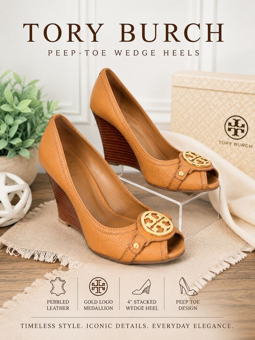 Tory Burch Logo Peep Toe Wedge Heels Tan Pebbled Leather Gold Medallion Size 8